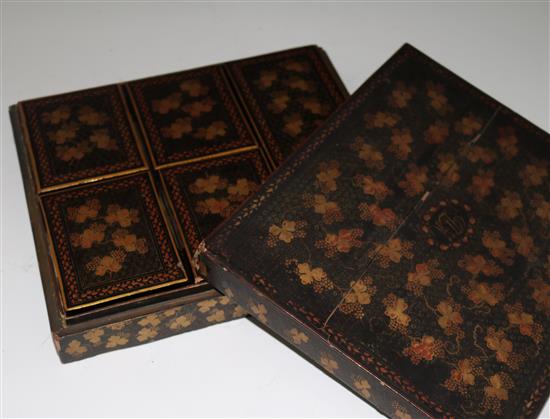 A Chinese export lacquer games box and mother-of-pearl counters, 19th century, box 29cm